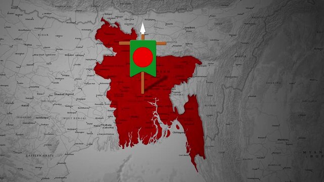 Pin marking the location of Bangladesh on a shaded relief map animation