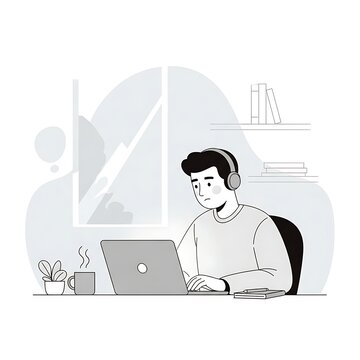 Man working on laptop with headphones in a modern office setting.