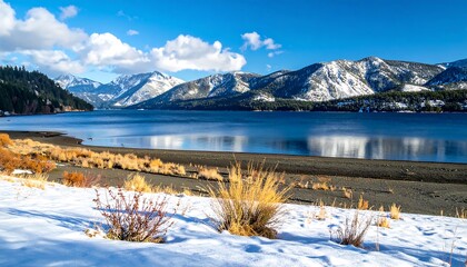 Snowy landscape with serene lake mountain.