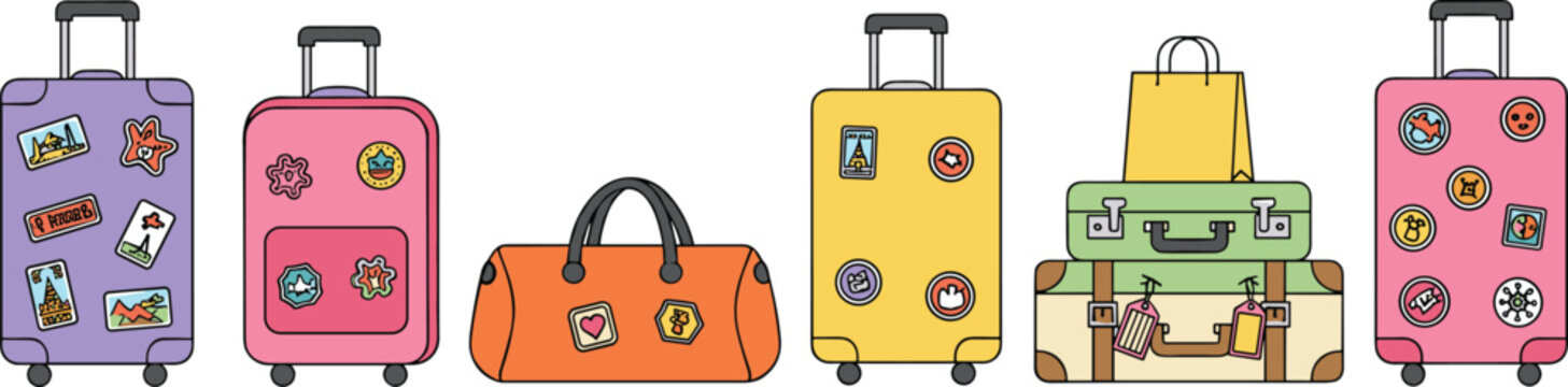 Travel Luggage and Vacation Baggage Set with Colorful Suitcases Duffel Bag and Vintage Trunk for Tourism and Holiday Trip Vector Illustration