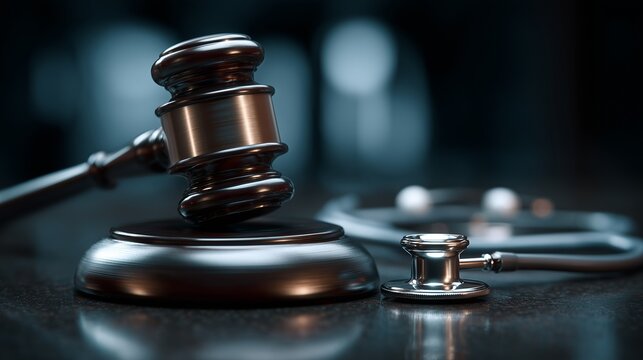 Gavel and stethoscope on reflective surface symbolizing wrongful death legal claim and medical negligence case.