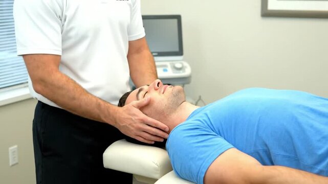 chiropractor adjusting patient's neck on treatment table in clinic with professional healthcare tone for medical advertising and educational usage