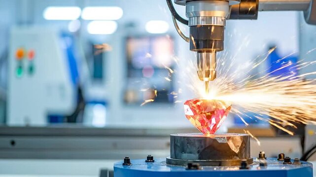 A robotic arm precisely works on a gemstone, sparks fly as it performs detailed cutting work