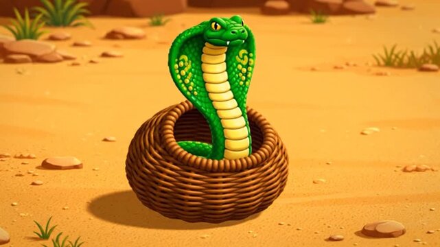 A vibrant cartoon cobra emerges from a woven basket in a desert setting with simple design