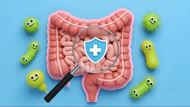 Human Intestines Protected By Shield Symbol With Magnifying Glass And