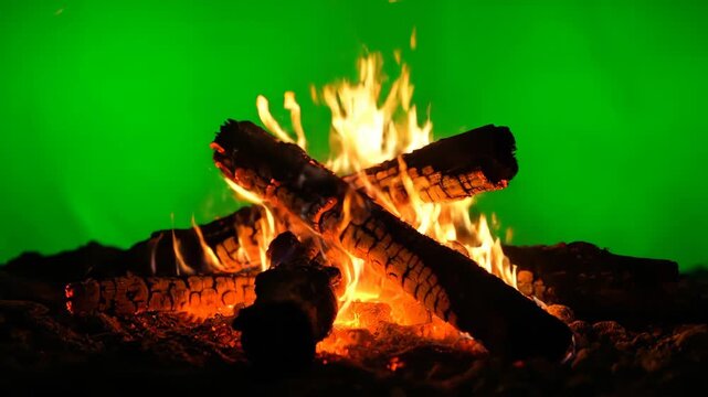 Fiery campfire with glowing embers, against a bright green backdrop