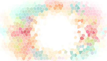 Abstract mosaic tile frame with soft pastel geometric shapes and central white copy space. Modern minimalist stained glass border with airy rainbow colors and artistic creative backdrop.
