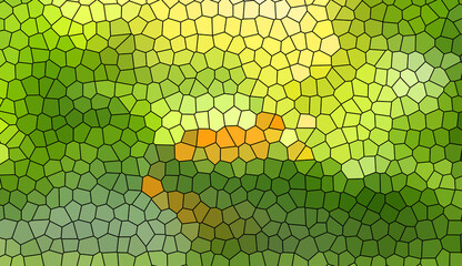 Abstract mosaic tile pattern with lush green and yellow geometric shapes. Modern stained glass aesthetic with vibrant nature tones and minimalist artistic backdrop.
