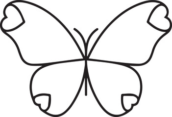 Butterfly Outline with Heart Shaped Wings Line Art Black and White Illustration