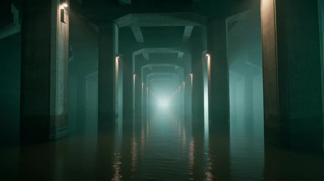 Night Bridge Fog Cinematic riverfront bridge lights in thick fog and water reflections, atmospheric city night scene for cinematic storytelling.