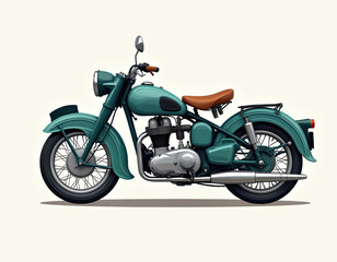 Fototapeta premium Classic vintage teal motorcycle with brown. This retro two-wheeler shows old bike style. Vintage motorbike illustration is perfect for transport themes.