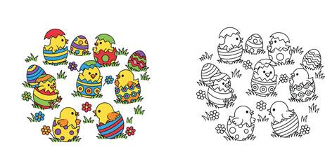 Naklejka premium Group of cute cartoon chicks hatching from colorful Easter eggs, vector illustration with black and white coloring page outline.