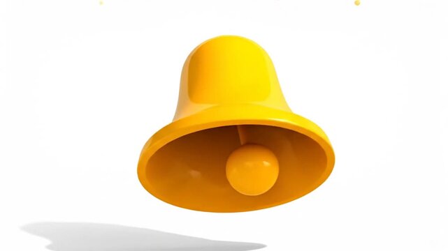 Shiny golden bell with sound waves emanating, isolated on white background, 3D rendering.