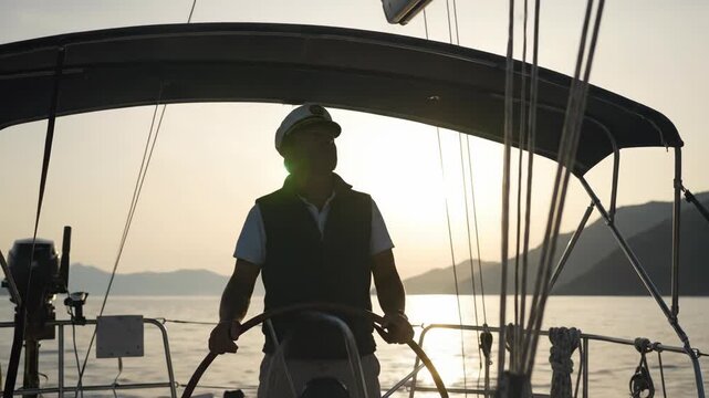 Captain steering sailboat at sunset, Serene sea voyage with mountains on the horizon, Peaceful sailing adventure at dusk