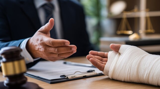 Courtroom consultation between attorney and injured client with casted hand, gavel and legal document, symbolizing personal injury lawsuit and claim negotiation.