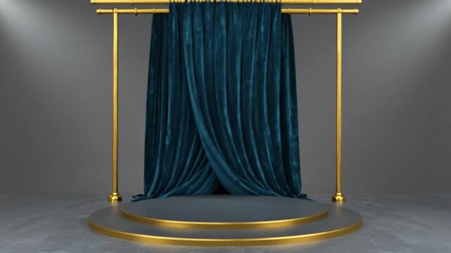 Teal velvet curtains frame a stage with a two-tiered platform; golden rod and trim