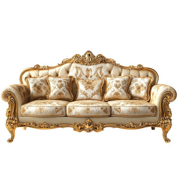 Luxurious gold sofa with ornate design on transparent background