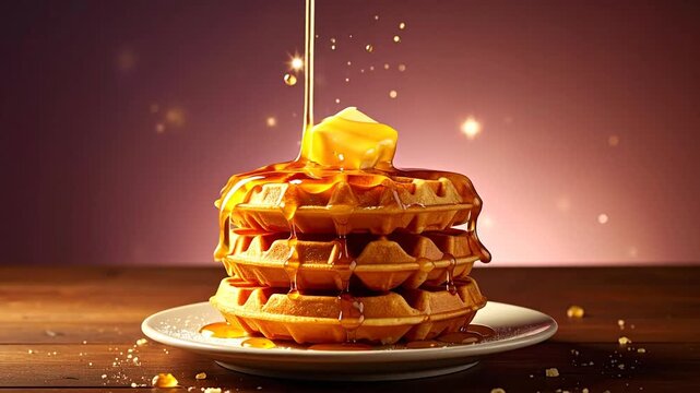 A stack of golden waffles topped with butter and flowing syrup, on a plate, with a wooden background