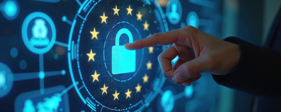 Digital screen shows EU flag stars and padlock icon. Hand touches cyber security data privacy graphic. Network security law compliance abstract.