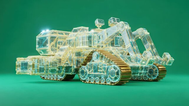 Futuristic Wireframe Excavator Machine Hologram on Green Background