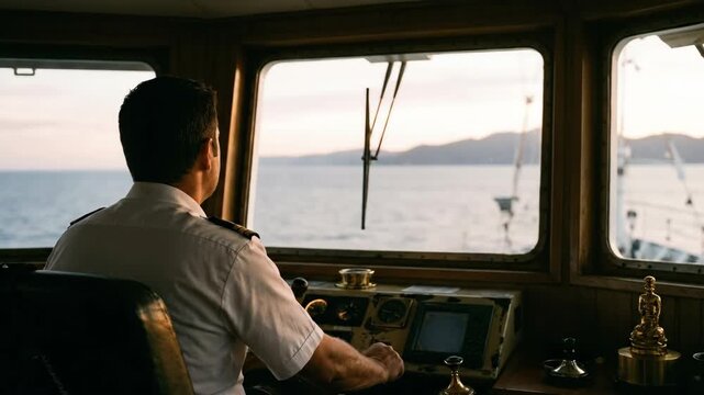 Captain steering ship from the bridge with a serene ocean view, Captain at the helm navigating through calm waters at sunset