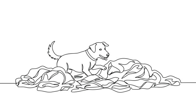 Line drawing of a playful dog digging in a pile of leaves on a transparent background showcasing its joyful expression and playful nature