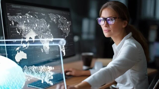 Medium shot of a recruiter reviewing resumes from various countries on a computer screen illustrating the broad scope of international candidate searches in talent acquisition.