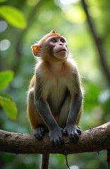 Fototapeta premium Young monkey sits on tree branch in lush green jungle. Small primate with light brown fur looks up curiously, waiting for food. Natural forest habitat for wildlife creatures.