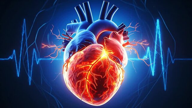 A 3D rendered depiction of a glowing human heart, veins, and electrical impulse waveform