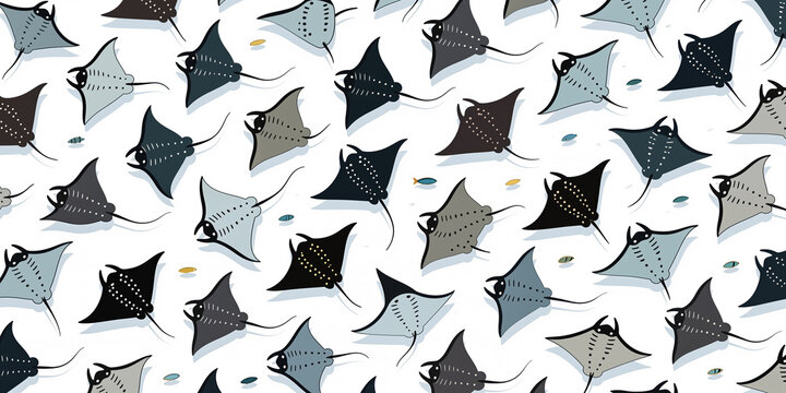 A repeating pattern of various gray stingrays with white spots and black outlines swimming in different directions with a few small fish on a white background.