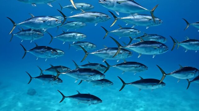 School of silver fish swim in deep blue water