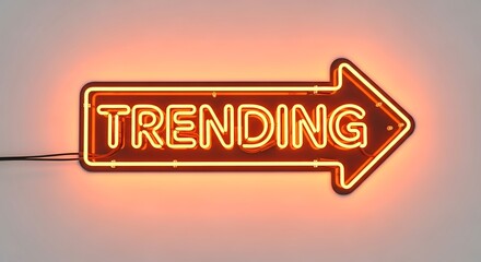 Vibrant orange neon 'TRENDING' arrow sign, glowing brightly and pointing right, symbolizing popular culture, viral content, and current events.