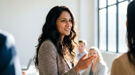 Confident businesswoman speaking to colleagues in bright office during meeting, engaging and expressive while presenting ideas