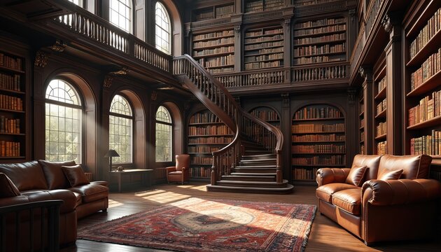Grand library interior features towering bookshelves filled with old books. Sunlight streams through arched windows onto plush leather sofas and vintage rug, accentuating majestic spiral staircase.