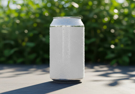 A cold can of soda on a table outside in the sunshine 12 oz can mockup