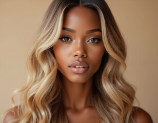 Young african american woman with long blonde ombre hair styled wavy. She has flawless skin, neutral lips, and expressive eyes. Perfect for beauty, fashion, and cosmetic brand content.