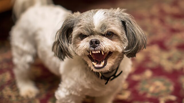 Close-up of angry shih tzu dog standing on carpet with messy fur and black collar, expressive pet emotion showing attitude and character, domestic animal concept with strong facial expression