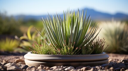 Potted Succulent Arrangement with Distant Mountains
