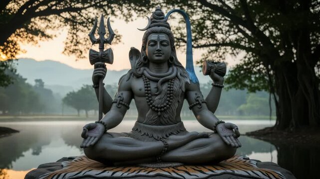 Lord Shiva Meditating Serene Statue Outdoors, Hindu Deity, Spiritual Zen