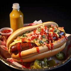 Gourmet hot dog feast with toppings