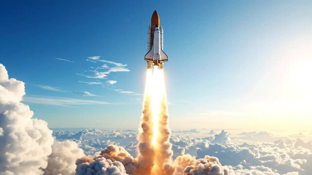 A space vehicle ascends through a cloudy atmosphere towards a sunlit, blue sky, creating a plume