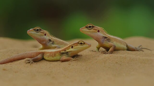 Three Oriental Garden Lizards basking in the sunlight on a sandy surface outdoors