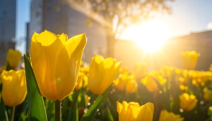 Vibrant Yellow Tulips in Urban Garden.