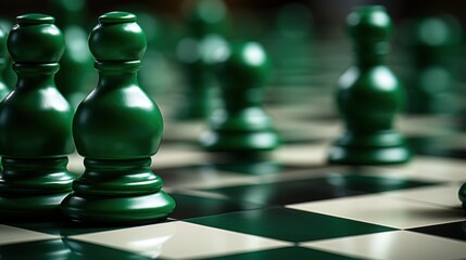 Green Chess Pieces on Checkerboard Surface