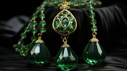 Elegant emerald gemstone necklace on black silk