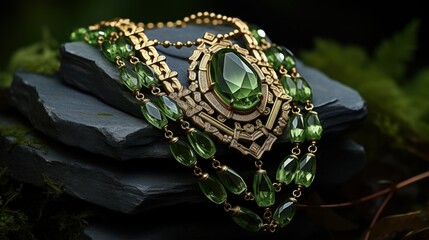 Ornate necklace featuring green gems display