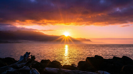 Sunrise over ocean with colorful sky and rocky shoreline at spring equinox  