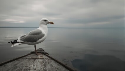 Fototapeta premium Seagull Perched on Boat Bow - A Serene Coastal Scene.