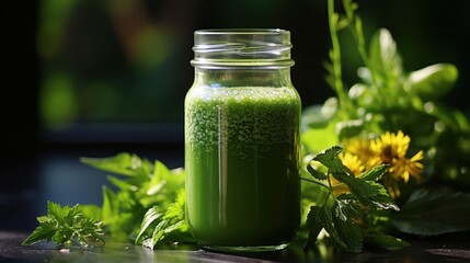 Refreshing green juice in glass jar