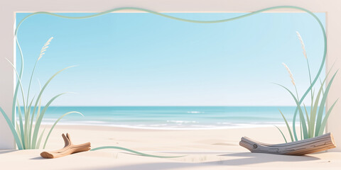 Obraz premium Gentle ocean waves lap at sandy shore, surrounded by tall grasses and driftwood pieces in calming blue and beige tones under clear bright sky.